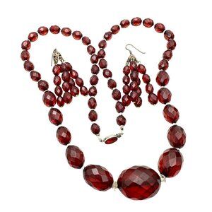 Vintage Bakelite Cherry Amber Bead 24 Inch Necklace And Earrings Set 58 Grams